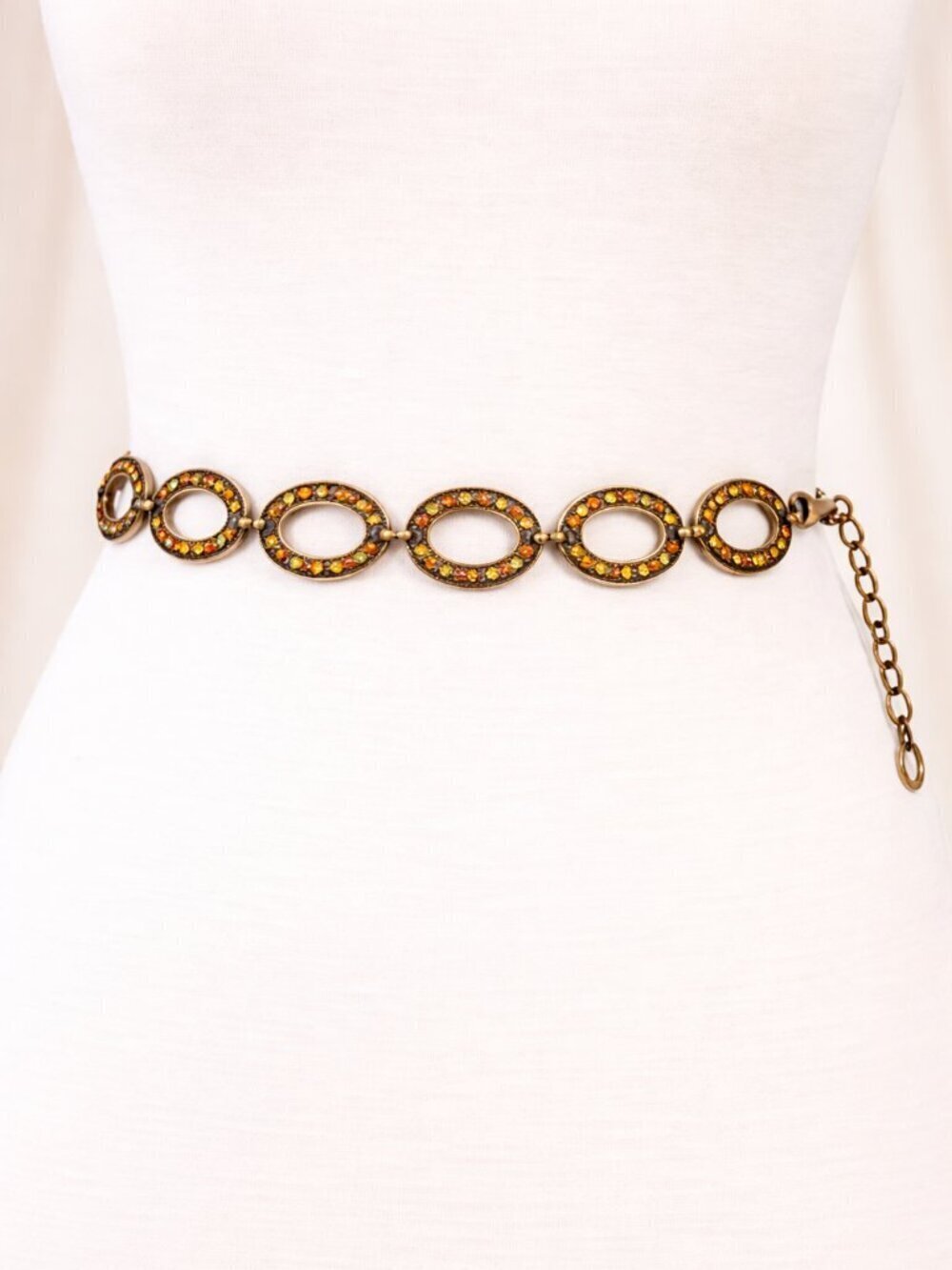 Vintage Oval Link Rhinestone Statement Belt Amber Brass Boho Western